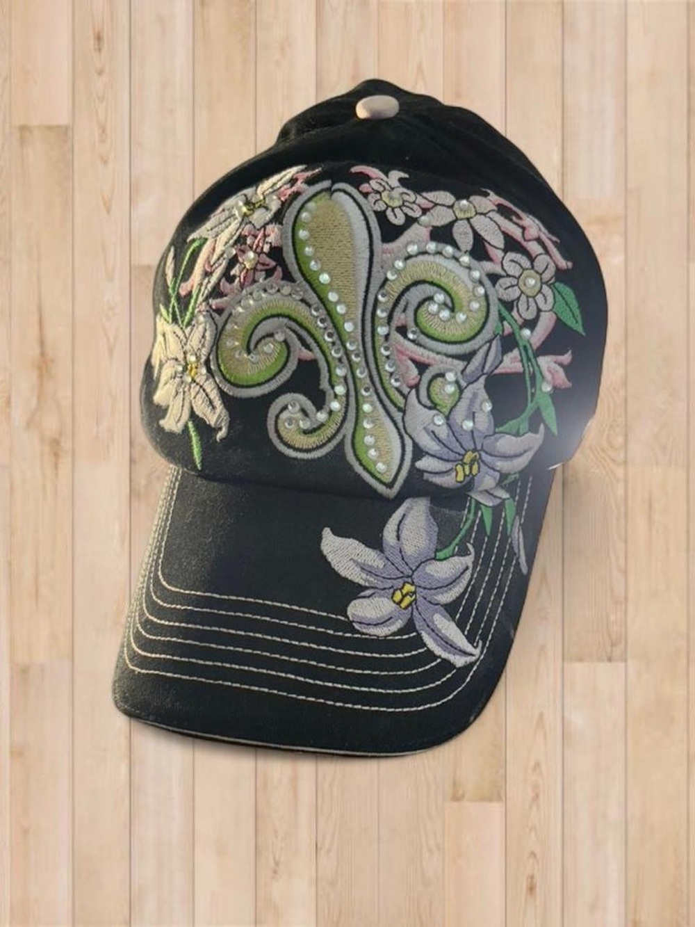 Ed Hardy Punk Black Fleur-de-Lis Embroidered Baseball Cap with Floral Accents